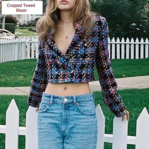 Cropped Tweed Jacket Multicolor Tartan Plaid Jacket Buttoned